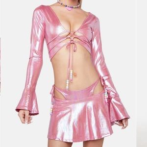 Dolls Kill Club Exx Holographic Pink Top and Skirt Set
